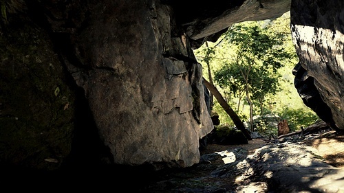 shot taken from inside a small cave looking out