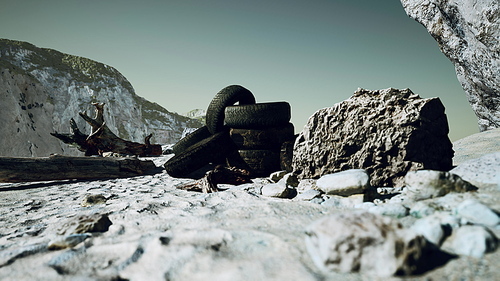 old abandoned tyres on sea shore