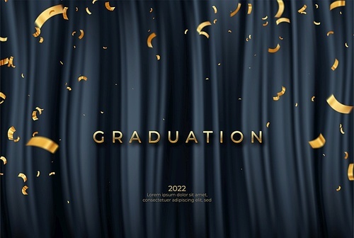 Congratulations Graduate template with golden ribbons and confetty on black drapery background. Awarding nomination scene. Vector illustrator