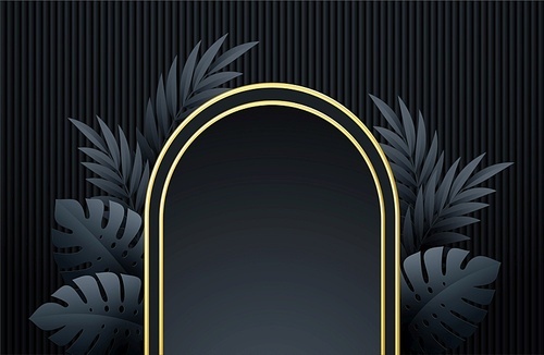 Minimal black scene with geometric shapes and palm leaves. Cylindrical gold and black podium on a black background. 3D stage for displaying a cosmetic product, showcase