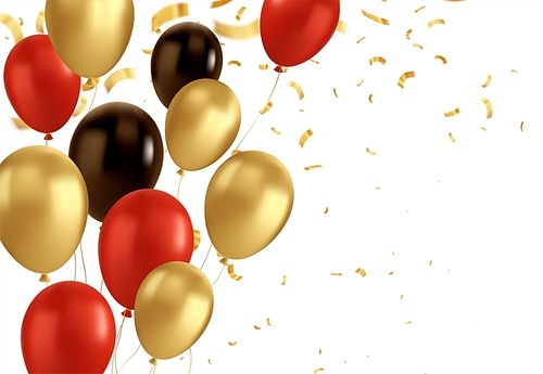 Red, black and gold balloons and golden confetti. Vector glossy realistic baloon on transparent background for holiday celebration greeting card. Holiday Flying 3D glossy ballons and ribbon. Congratulations banner party invitation design with copy space