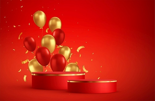 Red podium photo studio room scene. Birthday, party, christmas theme. Award winner, product display. Vector illustration 3d showcase with red and gold balloons and golden confetti.