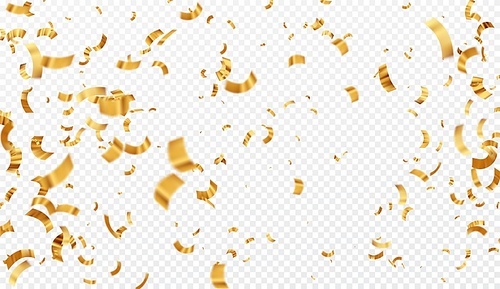 Vector illustration defocused gold confetti isolated on a transparent background. EPS 10. Vector abstract background with many falling pink tiny confetti pieces