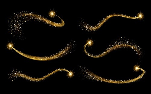 Set vector golden shimmering waves with light effect isolated on black background. Gold glittering star dust trail. Magic motion swirl lines.