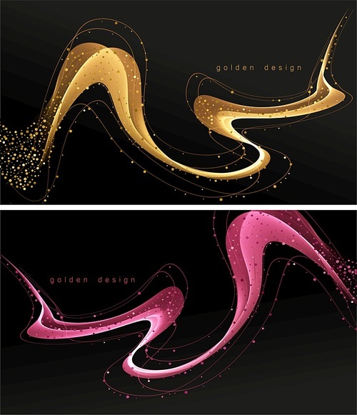 Abstract shiny color gold wave design element on dark background. Golden fluid line. Fashion flow lines for cosmetic gift voucher, website and advertising. Awarding ceremony luxury background with golden glitter sparkles. Vector design