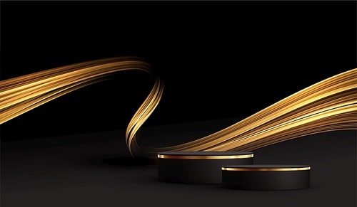 Minimal black scene with golden lines. Cylindrical gold and black podium on a black background. 3D stage for displaying a cosmetic product. Luxury background