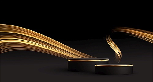 Minimal black scene with golden lines. Cylindrical gold and black podium on a black background. 3D stage for displaying a cosmetic product. Luxury background