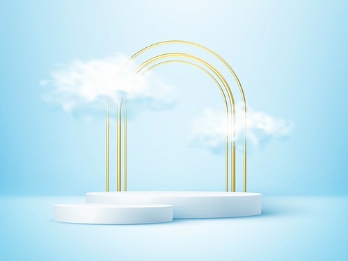 Product display podium decorated with realistic cloud and gold arch frame on blue background. Vector illustration 3D effect