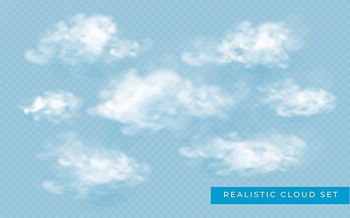Cloud in realistic style on transparent background. Abstract clouds set. Vector design template. Fog effect.