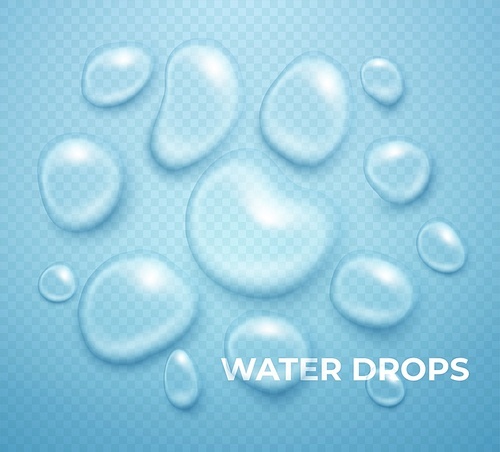 Realistic Water drop. Pure transparent droplet. 3D Clean drop condensation. Vector set.