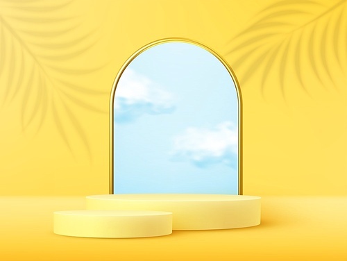 Product display podium decorated realistic cloud and gold arch frame wuth overlay palm leaves shadow on yellow pastel background. Vector illustration 3D effect