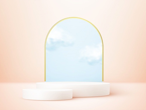 Product display podium decorated with realistic cloud and gold arch frame on pink pastel background. Vector illustration 3D effect