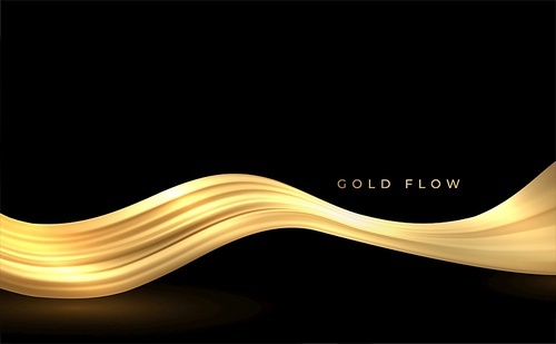 Abstract Gold smoke Waves. Shiny golden moving lines design element in black background for gift, greeting card and disqount voucher. Vector Illustration