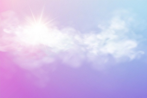 Realistic sky template with transparent cloud and sun ray. Blue and pink background. Light effect. Realistic vector illustration.