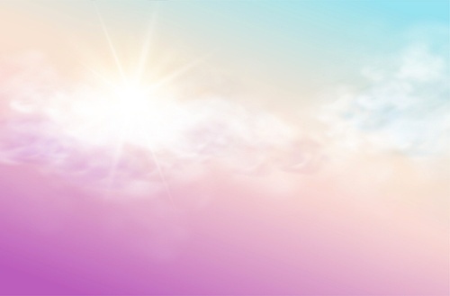Realistic sky template with transparent cloud and sun ray. Blue and pink background. Light effect. Realistic vector illustration.