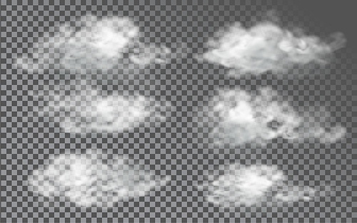 Cloud in realistic style on transparent background. Abstract clouds set. Vector design template. Fog effect.