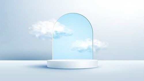 Product display podium decorated with realistic cloud in glass arch frame on light blue pastel background. Vector illustration 3D effect