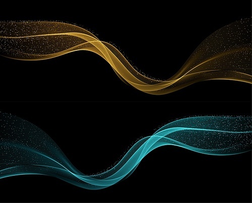 Abstract Gold and turquoise smoke Waves. Shiny golden moving lines design element with glitter effect on dark background. Vector Illustration for gift, greeting card and disqount voucher.