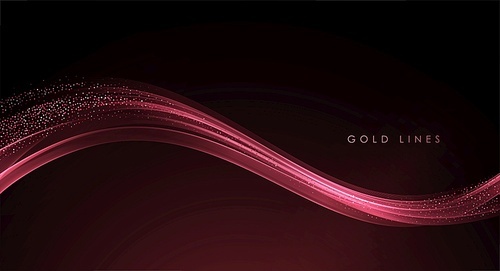 Abstract rose ping Gold Waves. Shiny golden moving lines design element with glitter effect on dark background for gift, greeting card and disqount voucher. Vector Illustration