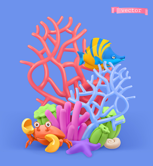 Coral reef and fish. 3d vector cartoon illustration. Plasticine art objects