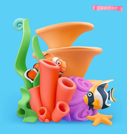 Coral reef and fish. 3d vector cartoon illustration. Plasticine art objects