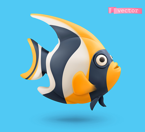 Moorish idol, angelfish 3d realistic vector icon. Funny small fish cartoon character