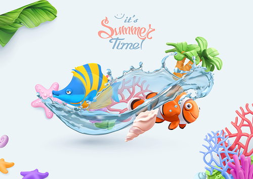 Summer, sea background. 3d vector realistic illustration. Coral reef, tropical fish, starfish, seashell objects