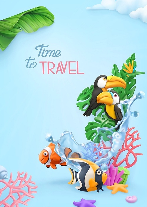 Time to travel background. 3d vector realistic illustration. Tropical jungle, coral reef, toucans, fish