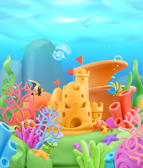 Underwater world landscape. 3d vector cartoon background. Plasticine art illustration