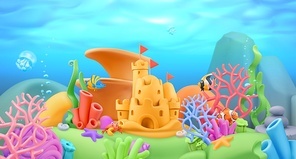 Underwater world panorama landscape. 3d vector cartoon background. Plasticine art illustration
