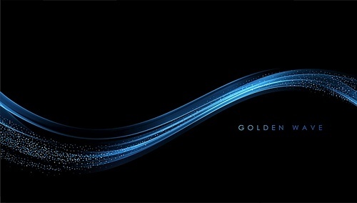 Abstract blue turquoise Gold smoke Waves. Shiny golden moving lines design element with glitter effect on dark background for gift, greeting card and disqount voucher. Vector Illustration