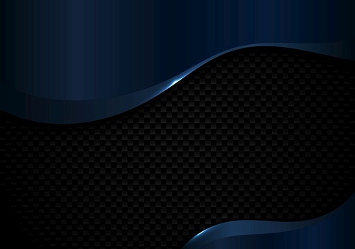 Abstract blue metallic wave shape with lighting on black carbon fiber background and texture. Vector illustration