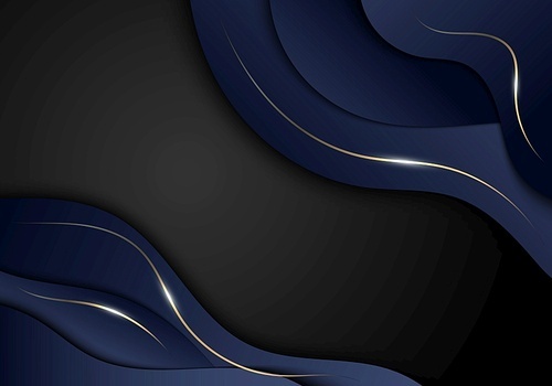 Abstract elegant dark blue color wave shape and gold lines with lighting on black background luxury style. Vector illustration