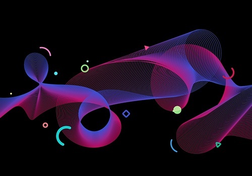 Abstract vibrant color particles wave lines with circles geometric elements on black background. Vector illustration