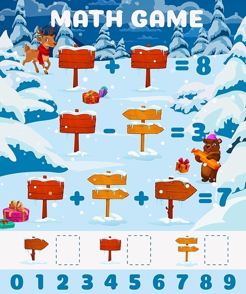 Christmas forest, wooden signs, cartoon deer and bear characters math game worksheet. Vector puzzle quiz or counting riddle with addition and subtraction exercises on snow nature background