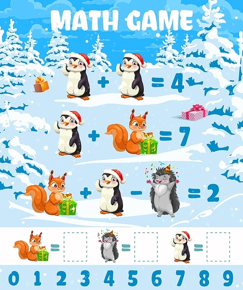 Cartoon funny Christmas animals and gifts, math game worksheet, vector education quiz. Kids math puzzle with penguin Santa, hedgehog and squirrel at Christmas for mathematics addition and subtraction