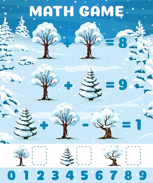 Christmas winter forest, snowy trees math game worksheet. Kids education vector puzzle quiz with Xmas tree equation tasks. Preschool and kindergarten counting game on winter forest nature background