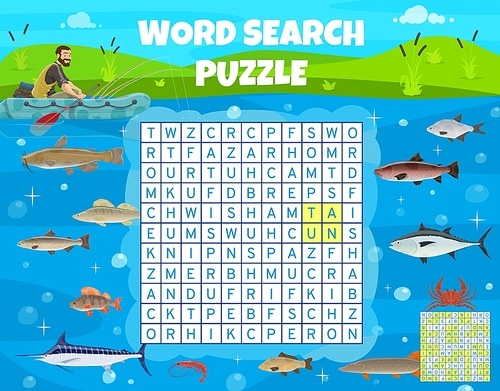 Fishing sport word search puzzle game vector worksheet and kids quiz grid. Puzzle or riddle to find word of fisher catching a fish, tuna and salmon, shrimp and crab, pike in lake
