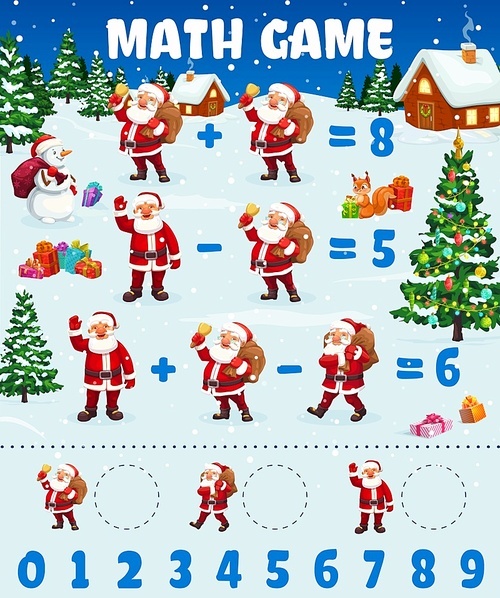 Cartoon Santa Clauses and Christmas village, math game worksheet. Vector educational riddle for kid with xmas Santa characters and snowman with gifts. Learn to count mathematics puzzle quiz