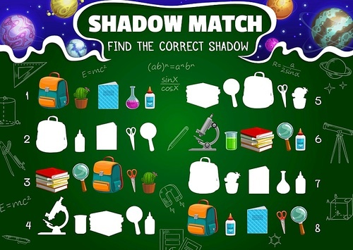 Shadow match game worksheet, cartoon space planets, schoolbag, textbook and school stationery silhouettes. Vector kids riddle with learning items, cactus, backpack, microscope and magnifier or glue