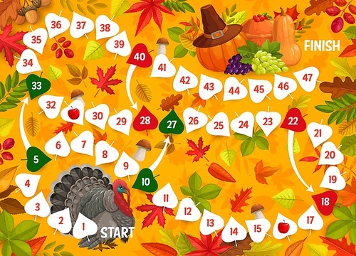 Thanksgiving board game, turkey bird, autumn leaves and harvest. Vector kids boardgame with numbered  path, walk puzzle for family and children activity. Help turkey to find fall crop riddle