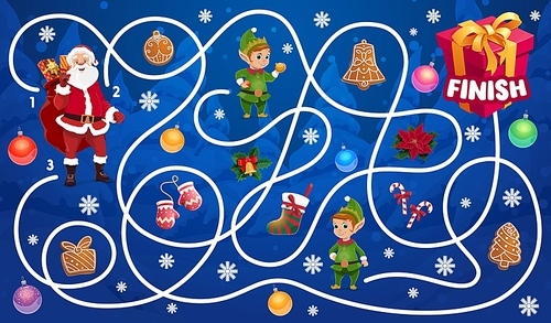 Christmas maze for kids with Santa and elfs characters. Children labyrinth game, child finding path winter holiday playing activity. Candy, gingerbread cookies and stockings, giftbox cartoon vector