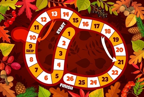 Thanksgiving kids board game in shape of acorn with vector autumn leaves and berries. Dice boardgame, roll and move puzzle or start to finish maze with numbered steps, education worksheet template