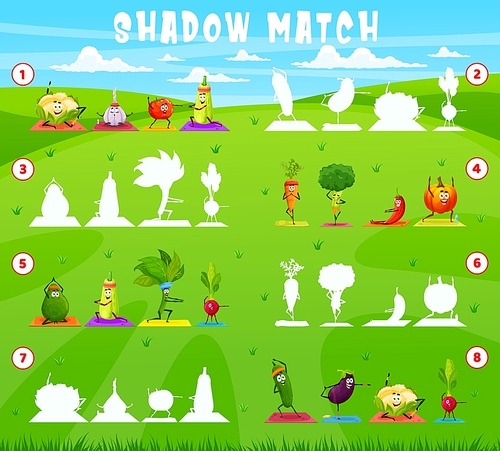 Shadow match game, cartoon vegetable characters on yoga fitness, vector kids tabletop riddle. Find and match correct silhouette of spinach, carrot and cucumber on sport training or yoga exercise