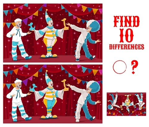 Find differences game. Cartoon circus clowns, vector. Matching kids education game or puzzle, memory riddle, maze or attention test with sailor, jester and illusionist clowns performing on stage