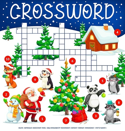 Christmas tree, animals and Santa with gifts, crossword grid worksheet, find a word vector quiz game. Kids crossword puzzle with Christmas cartoon snowman, penguin, panda and fox with gifts