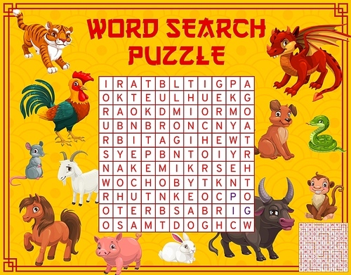 Chinese horoscope cartoon animals, word search puzzle or game worksheet, vector kids quiz. Find a word riddle game to find Chinese lunar horoscope animals or new year zodiac dragon, horse and