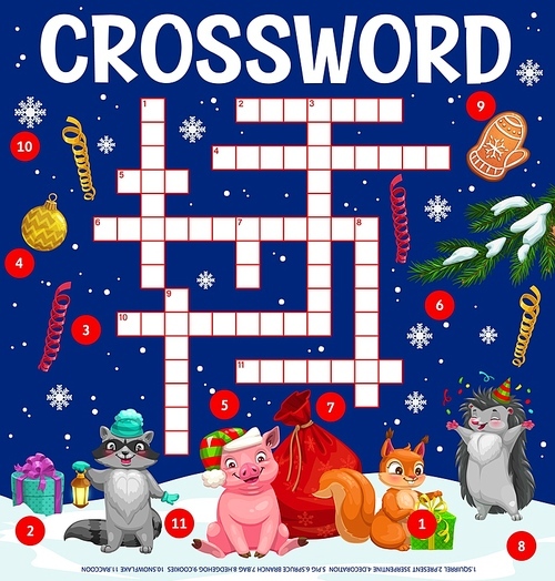 Christmas kids crossword grid worksheet, find a word quiz game, vector puzzle. Crossword riddle to guess Christmas characters pig and hedgehog with squirrel and Santa gifts at Xmas tree