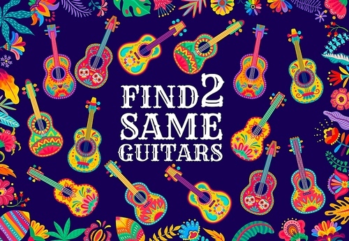 Find two same mexican music guitars game. Kids maze riddle for children with cartoon string instruments and floral ornamental decor. Educational learning task, leisure activity vector worksheet