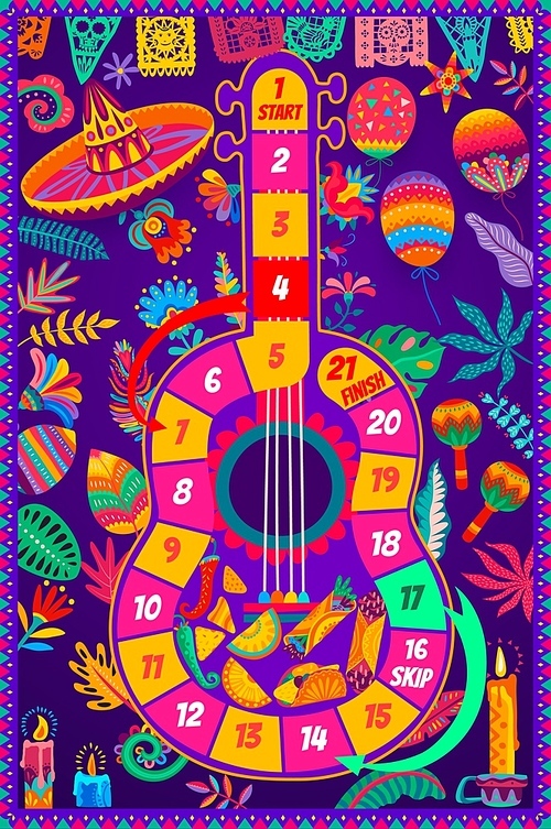 Kids boardgame. Mexican guitar, sombrero, flowers and holidays items. Vector block path board game with numbered way and cinco de mayo festive elements. Children walk puzzle, riddle worksheet